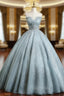 Blue Gray Ball Gown Tulle Sequins Beading Quinceanera Dresses