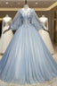 Blue Gray Tulle Flaying Sleeve Appliques Quinceanera Dresses