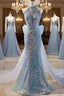 Blue Halter Beading Sequin Mermaid Formal Prom Dresses With Detachable Bow
