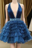 Blue Halter Multi-Layered Tulle Homecoming Dresses