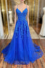 Blue Lace Long A-Line Formal Prom Dresses, Elegant V-Neck Formal Evening Dresses