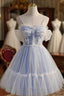 Blue Lace Short A-Line Formal Prom Dresses, Blue Spaghetti Straps Homecoming Party Dresses