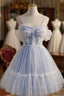 Blue Lace Short A-Line Formal Prom Dresses, Blue Spaghetti Straps Homecoming Party Dresses