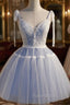 Blue Lace Short A-Line Formal Prom Dresses, Cute V-Neck Homecoming Party Dresses