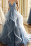 Blue Lace Top with Layers Tulle Formal Prom Dresses, New Straps Evening Gown