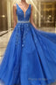 Blue lace tulle long Formal Prom dress, blue tulle lace evening dress
