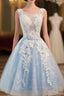 Blue Lace V-neck Homecoming Dresses