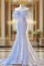 Blue Laser Sequin Beaded Mermaid Women Evening Dresses with Puff Sleeves Tassel Pearls Tulle Train Formal Prom Gown