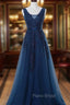 Blue Long A-line Bridesmaid Dresses, Dark Blue Tulle Party Dresses