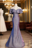 Blue Mermaid Scoop Short Sleeve Beading Formal Prom Dresses