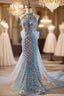 Blue Mermaid Sequins Beading Formal Prom Dresses