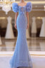 Blue Mermaid Sequins Bow Formal Prom Dresses