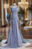 Blue Mermaid Sequins Pearls Formal Prom Dresses With Bow