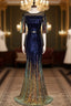 Blue Mermaid Sequins Short Sleeve Belt Formal Prom Dresses