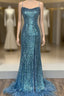 Blue Mermaid Sequins Spaghetti Straps Formal Prom Dresses