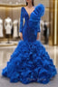 Blue Mermaid Tulle Beading Formal Prom Dresses