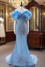 Blue Mermaid Tulle Sequins Off the Shoulder Formal Prom Dresses