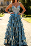 Blue Metallic A-Line Corset Tiered Long Prom Dress With Beading