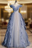 Blue Off Shoulder Tulle Sequin Beading Long Formal Prom Dresses, Blue Formal Dresses