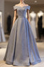 Blue Off the Shoulder Belt Formal Prom Dresses