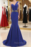 Blue One Shoulder Mermaid Satin Evening Dresses With Beading