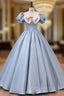 Blue Puff Sleeve Pink Bow Quinceanera Dresses