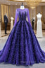 Blue Purple Tulle Beading Long Sleeve Formal Prom Dresses