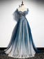 Blue Round Neck Tulle Beads Long Formal Prom Dresses, Blue Evening Dresses