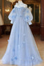Blue Round Neck Tulle Lace Long Formal Prom Dresses, Blue Tulle Evening Dresses