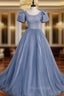 Blue Round Neck Tulle Sequin Beads Long Formal Prom Dresses, Blue Evening Dresses