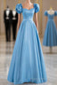 Blue Satin Beaded Floor Length Formal Prom Dresses, Blue A-Line Short Sleeve Formal Dresses