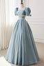 Blue Satin Beaded Long Prom Dress, Blue Short Sleeve Evening Dress