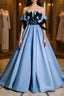 Blue satin lace long Formal Prom dress blue satin evening dress