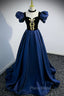 Blue Satin Lace Long Formal Prom Dresses, Blue Short Sleeve Evening Party Dresses