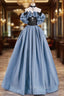 Blue Satin Lace Long Formal Prom Dresses, Off Shoulder Evening Party Dresses