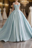 Blue Satin Long A-Line Formal Dresses, Blue Formal Prom Evening Dresses
