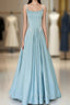 Blue Satin Long A-Line Formal Prom Dresses, Spaghetti Straps Evening Dresses
