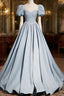 Blue Satin Long Formal Prom Dresses with Pearls, Blue Short Sleeves A-line Evening Dresses