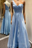 Blue Satin One Shoulder Pleats Formal Prom Dresses