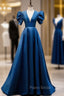 Blue Satin Puff Sleeve Backless Formal Prom Dresses