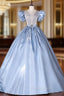 Blue Satin Puff Sleeve Quinceanera Dresses