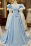 Blue Satin Puff Sleeve Square Formal Prom Dresses