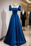 Blue Satin See Through Neck Short Sleeve Formal Prom Dresses