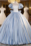 Blue Satin Short Sleeves Long Formal Dresses, Blue Satin Sweet 16 Dresses