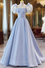 Blue Satin Short Sleeves with Bow Lace-up Party Dresses, Blue Formal Prom Dresses
