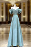 Blue Satin Spaghetti Straps Bow Formal Prom Dresses