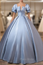 Blue Satin Square Puff Sleeve Appliques Quinceanera Dresses