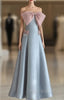 Blue Satin Straples Pink Bow Formal Prom Dresses