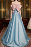 Blue Satin Strapless Formal Prom Dresses With Pink Bow