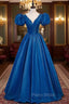 Blue Satin V-neck Puff Sleeve Backless Formal Prom Dresses